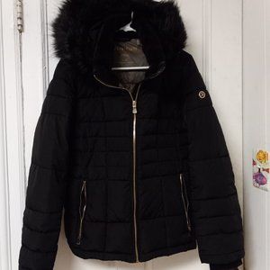 Calvin Klein black puffy coat with faux fur trim hood size L